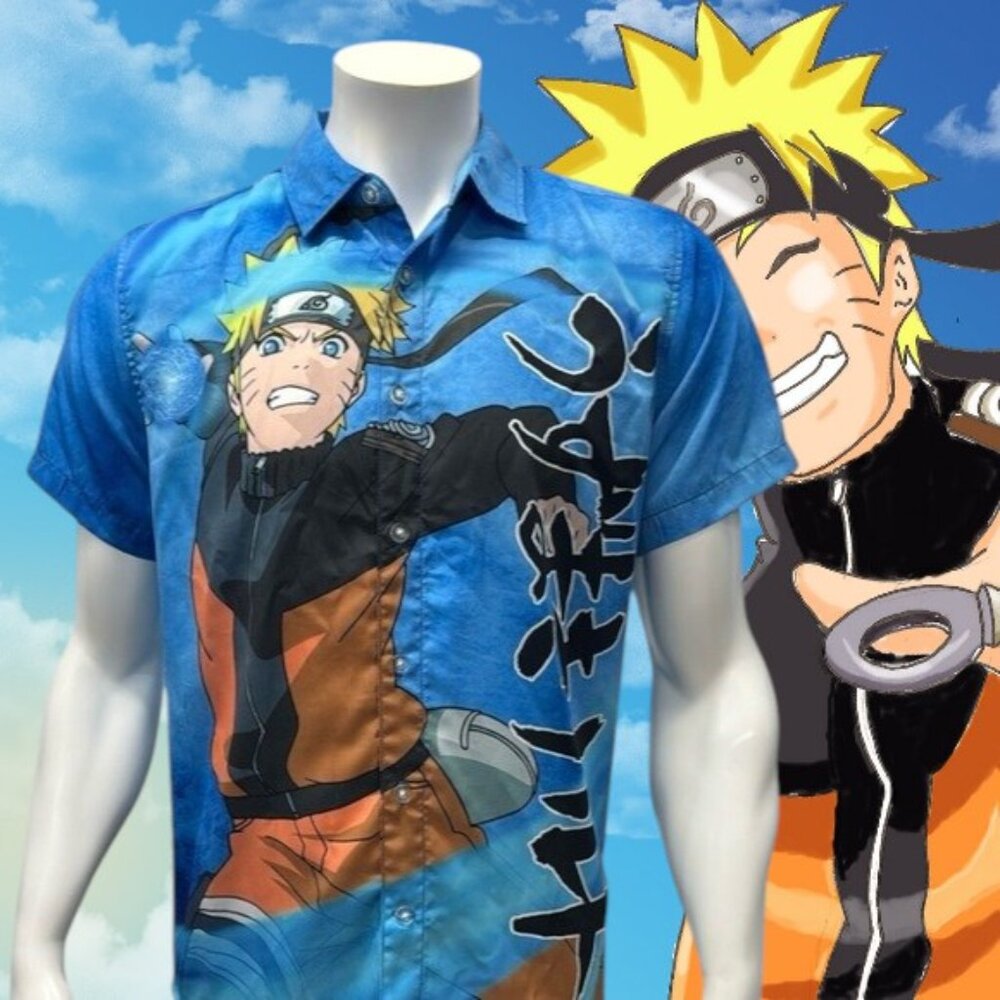 Vintage Naruto Shippuden Anime Blue Multi-Color Full Graphic Button Up Shirt SM